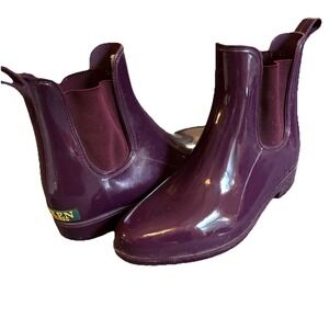 Lauren Ralph Lauren Tally Plum Purple Rubber Shinny Rain Ankle Boots Size 7 READ